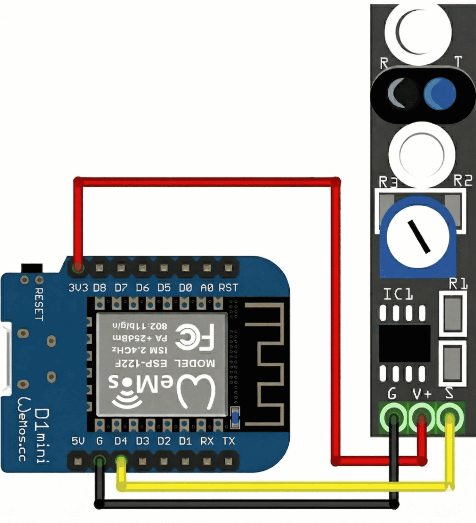 Collegamenti hardware ESP8266 e sensore TCRT5000 per contatore gas