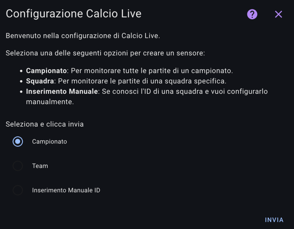 configurazione 1 calcio live