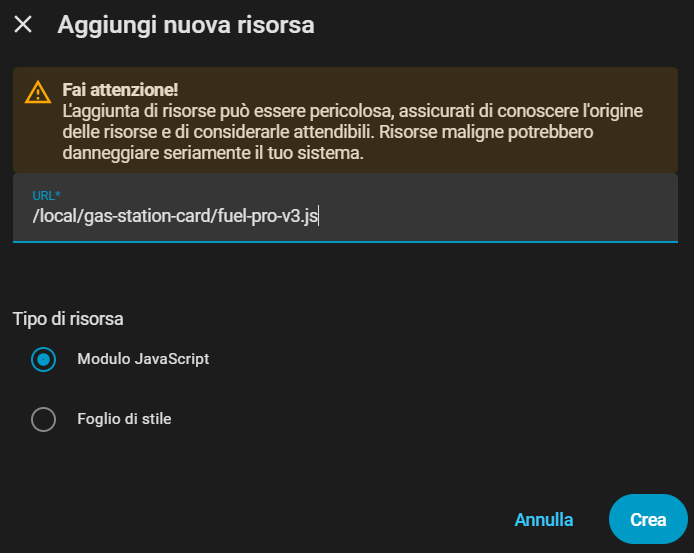 aggiungi risorsa home assistant