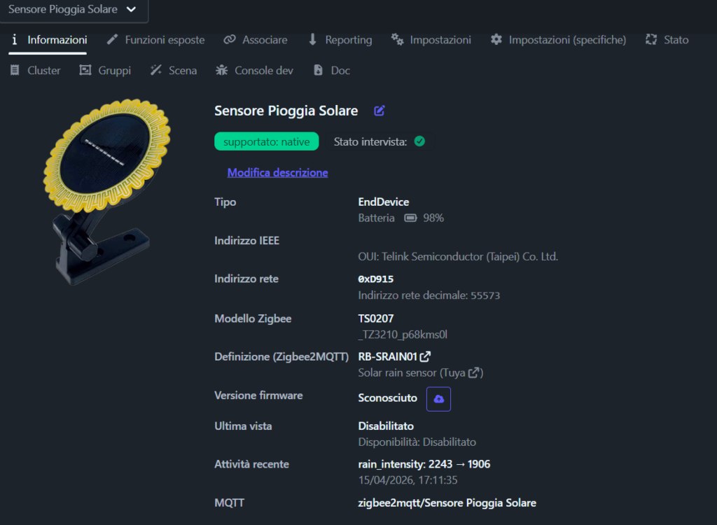 Dashboard Sensore Pioggia Zigbee2Mqtt